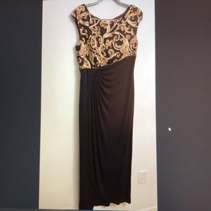 Connected Apparel Embellished-Bodice Faux-Wrap Gown. Size 12; Color Plum & Gold.